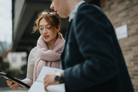 Young entrepreneurs discussing project strategies in an urban settingの写真素材