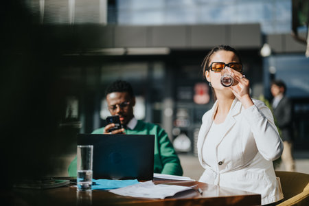 Multicultural business colleagues strategizing at coffee bar in an informal outdoor meetingの写真素材