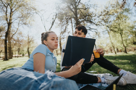Students studying together in a sunny park with laptops and notebooks