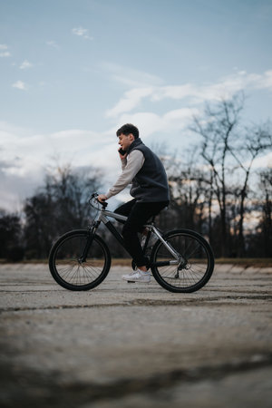 Teenager enjoying a bike ride in the tranquility of the parkの写真素材