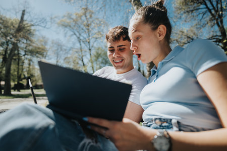 Students sharing ideas while studying together in a sunny parkの写真素材