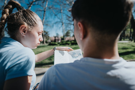 Focused students reviewing notes together in a sunny parkの写真素材