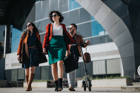 Confident business associates walking together in an urban settingの写真素材