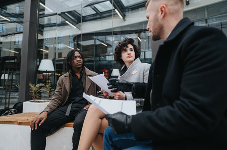 Multicultural business team discussing project outdoors at corporate campus..の写真素材