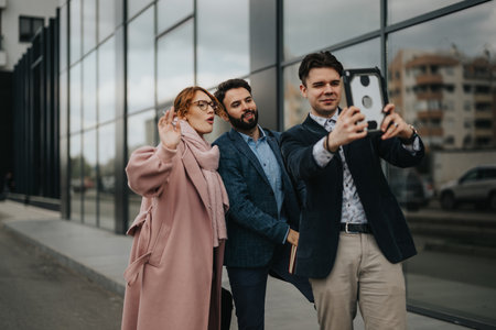 Business colleagues taking a selfie outdoors near office buildingsの写真素材