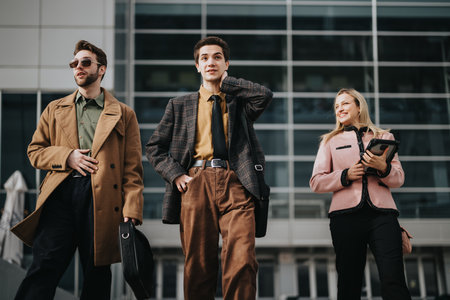 Young professionals in stylish outfits discussing marketing strategies outdoorsの写真素材