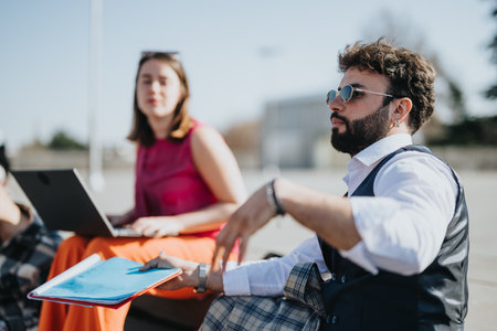 Young business professionals collaborate on marketing strategies outdoors in city environment