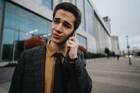 Stylish young businessman contemplating outside a modern building