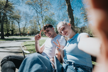 College students sharing ideas while studying together in a sunny parkの写真素材