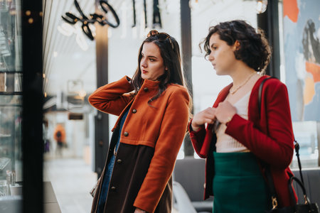 Businesswomen in casual meeting outdoors, conversing near a storefrontの写真素材