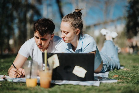 Young school couple working together on a sunny day at the parkの写真素材