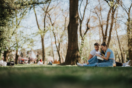 Affectionate young couple studying together in a sunny park setting