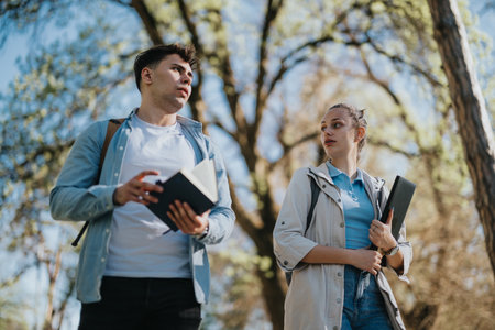 Two students with books standing outdoors on a sunny dayの写真素材