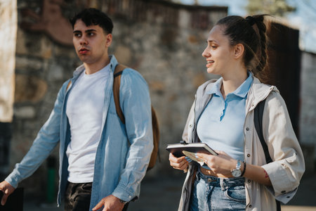Casual school friends discussing academic topics in a sunny park settingの写真素材