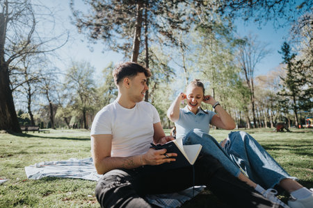 High school students collaborating on a project in a park, engaging in outdoor study togetherの写真素材