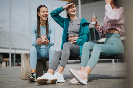 Three friends enjoying smoothies and resting after a workoutの写真素材