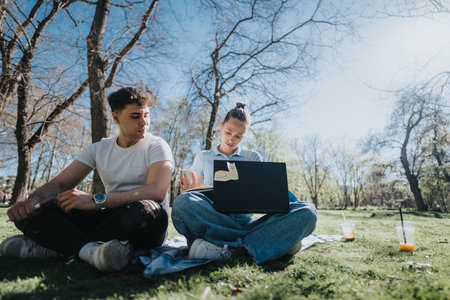 High school students studying together on a sunny campus lawnの写真素材