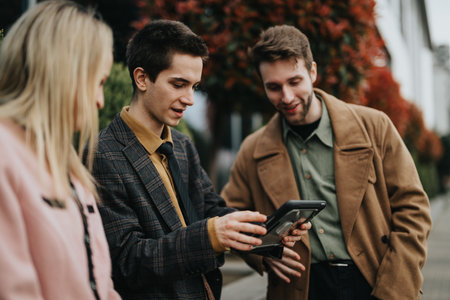 Business professionals discussing work strategy outdoorsの写真素材