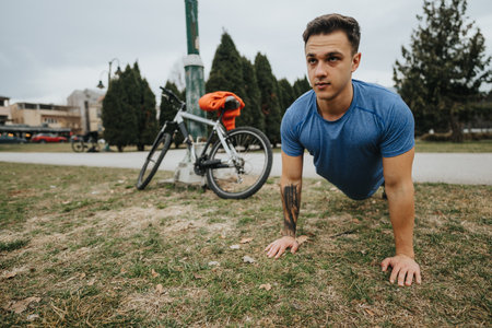 Young man doing push-ups in a park with his bicycle on a cloudy day