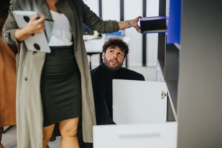 Office collaboration with a focused man retrieving a file from a cabinet while a colleague waits with a digital tabletの写真素材