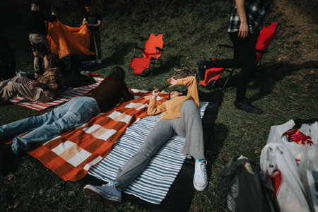 Friends enjoying a relaxing picnic day at a sunny park.の写真素材