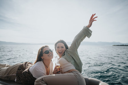 Carefree friends laughing and enjoying a boat trip on a sunny lake