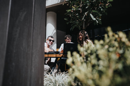 Multi generational entrepreneurs brainstorming at a modern coffee barの写真素材