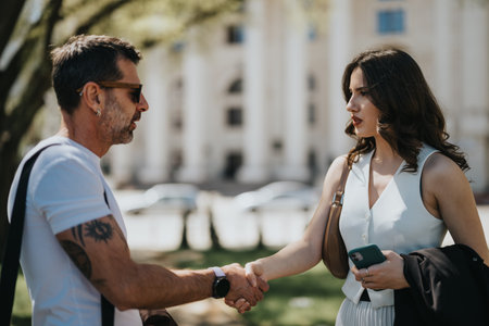 Business executives shaking hands outdoors, representing partnership and agreementの写真素材