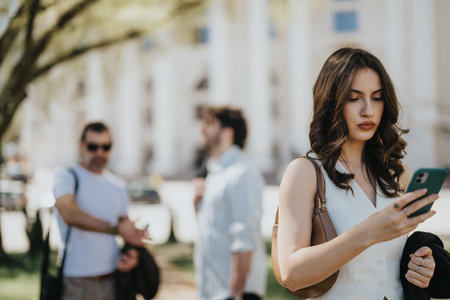 Confident businesswoman using smart phone for outdoor business call on sunny dayの写真素材