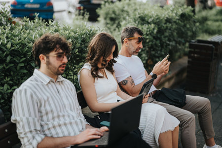 Business team working outdoors on a bench with laptops and smart phoneの写真素材