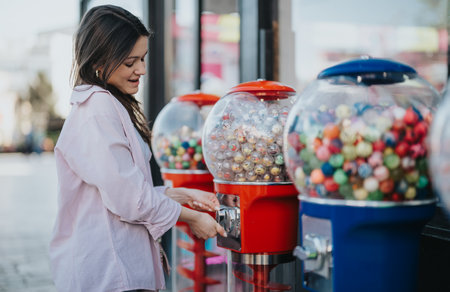 Young woman enjoying a moment at a gumball machine on a sunny dayの写真素材