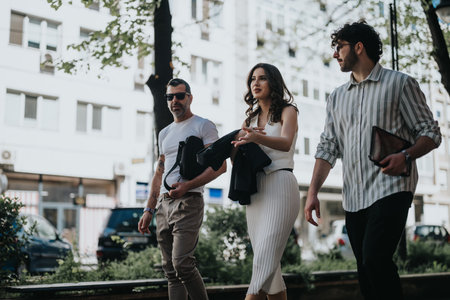 Cross-generational business professionals walking in the city discussing workの写真素材