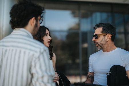 Diverse business colleagues discussing projects in urban city settingの写真素材