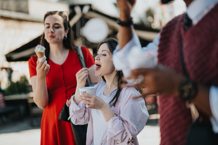 Young friends enjoying ice cream during a casual city outing on a sunny weekendの写真素材