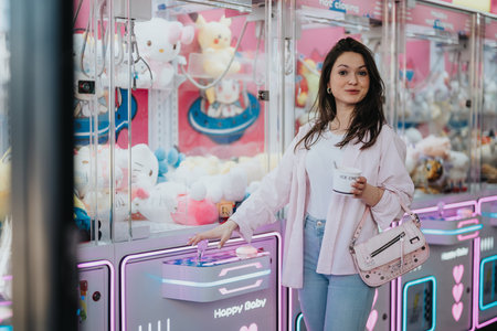 Woman enjoying her time at an arcade with a cup of ice cream