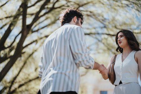 Professional handshake outdoors under the treesの写真素材