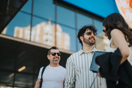 Diverse team of professionals engaging in a business meeting outside with a modern building in the backgroundの写真素材