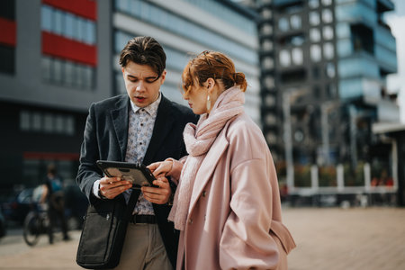 Young business partners using tablet for strategy planning in urban environment