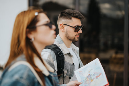 Young friends exploring a new city, holding a map on a sunny day during vacation