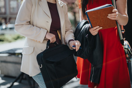 Professional businesswomen in stylish outfits holding notebooks and bags on a sunny dayの写真素材