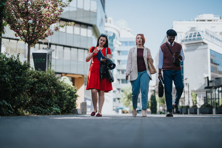 Confident entrepreneurs walking outdoors, discussing innovative startup strategies in a sunny urban settingの写真素材