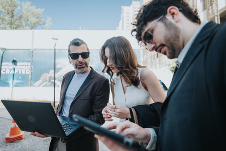Business professionals working together on a laptop in the cityの写真素材