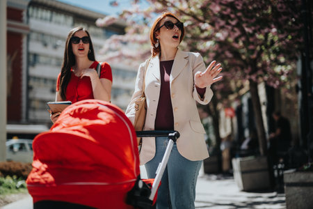 Businesswoman with baby stroller walking and talking in the city