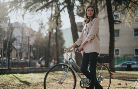 Stylish young woman with a vintage bicycle in an urban parkの写真素材
