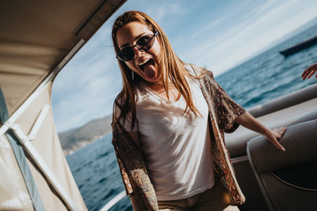 Joyful girl enjoying a sunny day on a boat, feeling happy and carefreeの写真素材