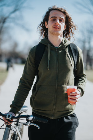Young man with curly hair enjoying a bike ride and coffee on a sunny dayの写真素材