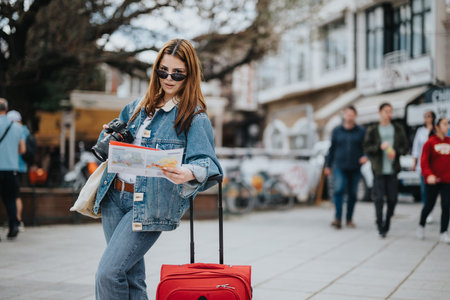 Young female tourist with camera and map exploring city on a sunny dayの写真素材