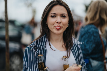 Young woman making a playful face while holding soda bottles at a casual outdoor gatheringの写真素材