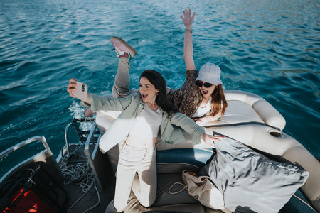 Joyful friends taking a selfie on a boat trip, enjoying the sunny day on clear blue waterの写真素材
