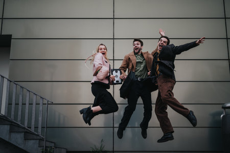 Energetic young business professionals jumping for joy outside an office buildingの写真素材